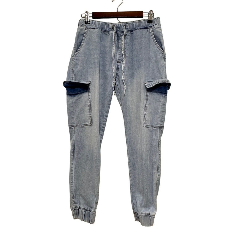 Almost Famous Cargo Denim Joggers‎ Womens Large Light Blue Elastic Waist